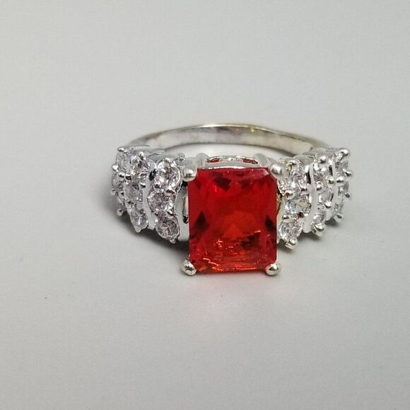 Vintage Bright Red Rhinestone Ring, Size 8.5 Band, Silver Tone, Emerald Cut - Picture 1 of 9